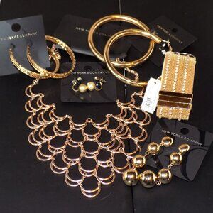 NWT New York & Co Gold Jewelry Bundle.  Necklace, Bracelet & 4 Pairs of Earrings